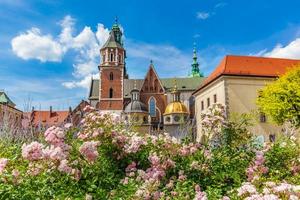 Cracow, Poland, 2022 - Wawel Cathedral, Cracow, Poland. View from courtyard with flowers.