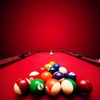 Billards pool game. Color balls in triangle, aiming at cue ball photo