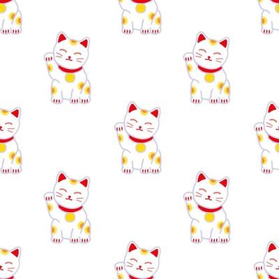 Maneki Neko Seamless pattern. Symbol of good luck, fortune and prosperity. Doodle style vector illustration of Japanese cat