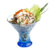 Salad with shrimp, avocado, tomatoes, red caviar photo