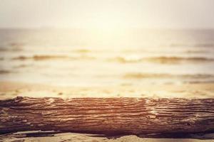 Tree trunk lying on the beach. Ocean background, sun shining. photo