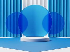 3d empty display podium on blue floor against blue and white wall. 3d rendering of realistic presentation for product advertising. 3d modern illustration. photo