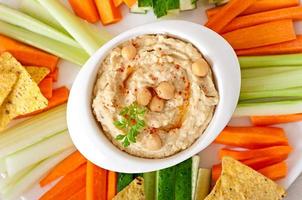 Healthy homemade  hummus with olive oil and pita chips photo