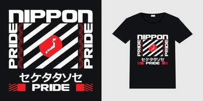 Creative Nippon Pride vector design with the map and the flag of Japan on a black background. Japanese urban street wear t-shirt design with black t-shirt mockup illustration.
