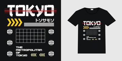Vector in Japanese urban abstract style for t-shirt or poster design - The Metropolitan of Tokyo. Japanese urban street wear t-shirt design with black t-shirt mockup illustration.