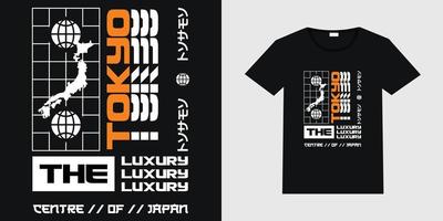 Vector in Japanese urban abstract style for t-shirt or poster design - The Luxury Center of Japan. Japanese urban street wear t-shirt design with black t-shirt mockup illustration.