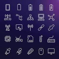 Editable devices and network icon vector set with thin style on a techno concept background.