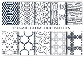 Set of 10 seamless Islamic geometric pattern in dark blue and white background. Editable, great for mosque decoration, wallpaper, and more.