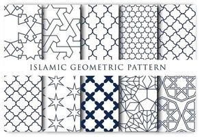 Set of 10 seamless Islamic geometric pattern in dark blue and white background. Editable, great for mosque decoration, wallpaper, and more.