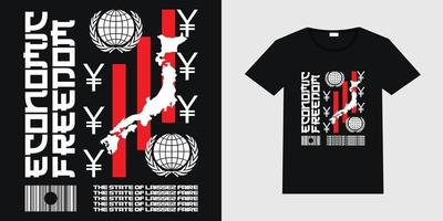 diseño vectorial creativo sobre la libertad económica japonesa en un fondo negro. diseño de camiseta de ropa urbana japonesa con ejemplo de camiseta negra.