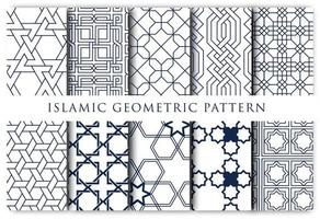 Set of 4 long horizontal seamless Islamic geometric pattern in dark blue and white background. Editable, great for mosque decoration, wallpaper, and more.