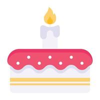 Valentine cake with burning candle, flat icon vector