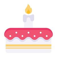 Valentine cake with burning candle, flat icon vector