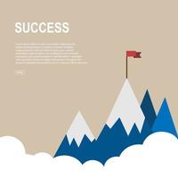 Vector flat flag on blue mountains and sundown. The way to success. Goal achievement. Business concept. Winning of competition design. our mission brochure title page template vector illustration.