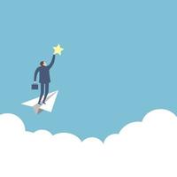 Business success vector and illustration, businessman flying with paper plane and he can touch the victory star.