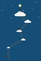 Success business competition concept vector and illustration template background, businessman try to climb a ladder and finally he got the star and shows the victory.