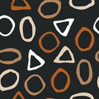 anillos de moda abstractos y triángulos sobre fondo oscuro. patrón transparente de vector en colores beige, estilo contemporáneo.