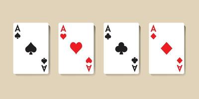 Set of four aces playing cards. Collection of hearts, spades, clubs and diamonds ace suit. Vector illustration
