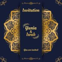Navy Blue Wedding Invitation Card Template with Gold Mandala Decoration. Vector illustration