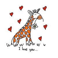 una jirafa con una flor en los dientes, aislada al estilo de los garabatos. tarjeta de felicitación del día de san valentín. vector