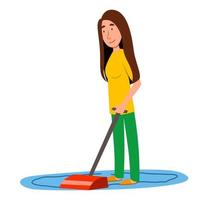 The girl vacuums at home. A woman cleans the house. vector