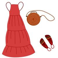 un conjunto de atuendos boho y varios elementos boho. ropa de moda, bolso, vestido, zapatos. ilustración vectorial en un estilo plano vector