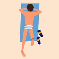 A man is lying on his stomach and sunbathing on the sand. vector