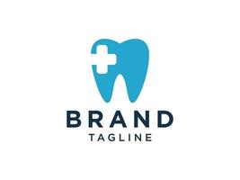 Dental Clinic Logo. Blue Tooth Symbol with Cross Plus Sign Linear style isolated on White Background. Usable for Dentist, Healthcare and Medical Logos. Flat Vector Logo Design Template Element.