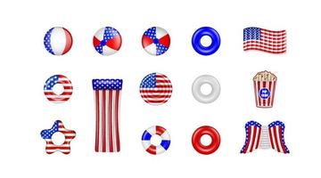 Set of isolated pool inflatables with american flag colors. vector