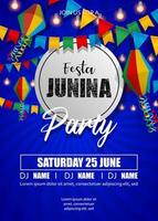 Festa Junina poster with colorful lanterns and pennants. June brazilian festival background vector