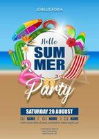 hola cartel de fiesta de verano con inflables y elementos de verano en el fondo de la playa vector