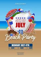 4th of july poster with summer elements on beach background. american independence beach party background vector