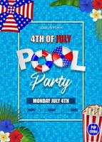 4th of july pool party background. american independence poster with inflatables and tropical plants on pool water background vector
