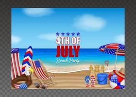 4th of july poster with summer elements on beach background. american independence beach party vector