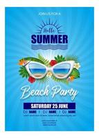 cartel de fiesta en la playa con gafas de sol y hojas tropicales. hola fondo de verano vector