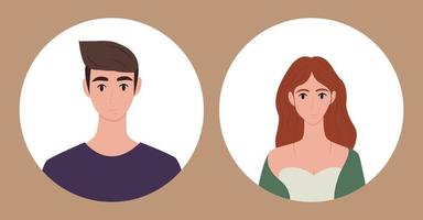 Conjunto plano de retratos de diferentes personajes. rostros, avatares, retratos de un hombre y una mujer. plantillas para el diseño. ilustración vectorial en estilo plano. vector