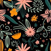 Flowers seamless pattern with black background vector