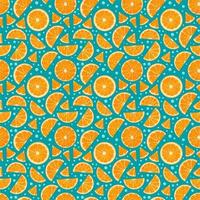 Tropical seamless pattern with oranges on a blue background. Fruit repeated background. Vector bright print for fabric or wallpaper.