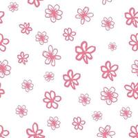 Seamless vector pattern with little funny pink flowers. Childlike drawing. Isolated on white background. Simple print design for wallpapers, textile, fabric, wrapping gift, ceramic tiles