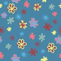 Seamless vector pattern with little funny multi-colored flowers. Childlike drawing. Isolated on blue background. Simple print design for wallpapers, textile, fabric, wrapping gift, ceramic tiles