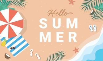 Hello summer with beach umbrellas and sea waves vector