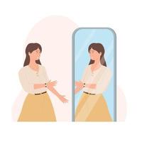Stylish beautiful girl looks in the mirror. Young woman and her reflection in the mirror vector