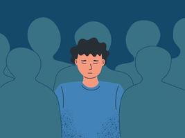 Unhappy young man feel lonely abandoned in crowd vector