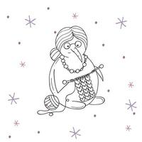 Cute snowman with purple and pink snowflakes on a white background. Vector illustration in doodle style. Winter mood. Hello 2023. Merry Christmas and Happy New Year.