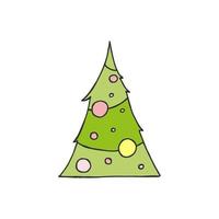 A hand-drawn christmas tree. Colored vector illustration in doodle style. Winter mood. Hello 2023. Merry Christmas and Happy New Year. Green tree with a yellow and pink toys on a white background.