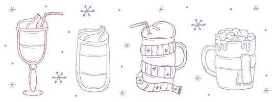 Set of a warming winter drinks on a white background. Vector illustration in doodle style. Winter mood. Hello 2023. Merry Christmas and Happy New Year.