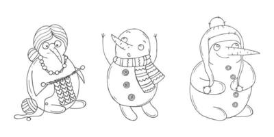 Set of cute snowmen on a white background. Vector illustration in doodle style. Winter mood. Hello 2023. Merry Christmas and Happy New Year.