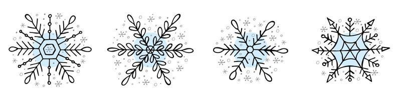 A set of hand-drawn snowflakes. Vector illustration in doodle style. Winter mood. Hello 2023. Merry Christmas and Happy New Year. Black and light blue elements on a white background.