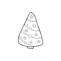 A hand-drawn christmas tree. Vector illustration in doodle style. Winter mood. Hello 2023. Merry Christmas and Happy New Year. Black and gray element on a white background.