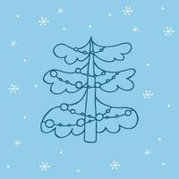 A hand-drawn christmas tree. Vector illustration in doodle style. Winter mood. Hello 2023. Merry Christmas and Happy New Year. Dark blue element with a white snowflakes on a blue background.